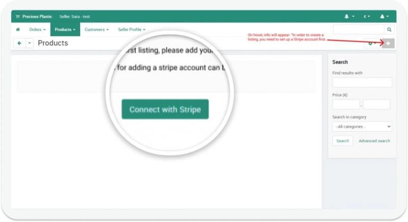 Example of a customized store on CS-Cart, allowing for streamlined vendor onboarding by making Stripe Connect account creation a mandatory first step. The modification deactivates the "Add product" button until the account is set up, thus ensuring vendors are aware of the payment setup requirement before they can start selling.