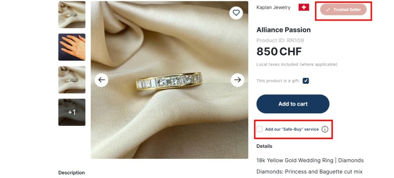 Gemsquar, a CS-Cart-based jewelry marketplace, uses Trusted Seller tag to highlight trust