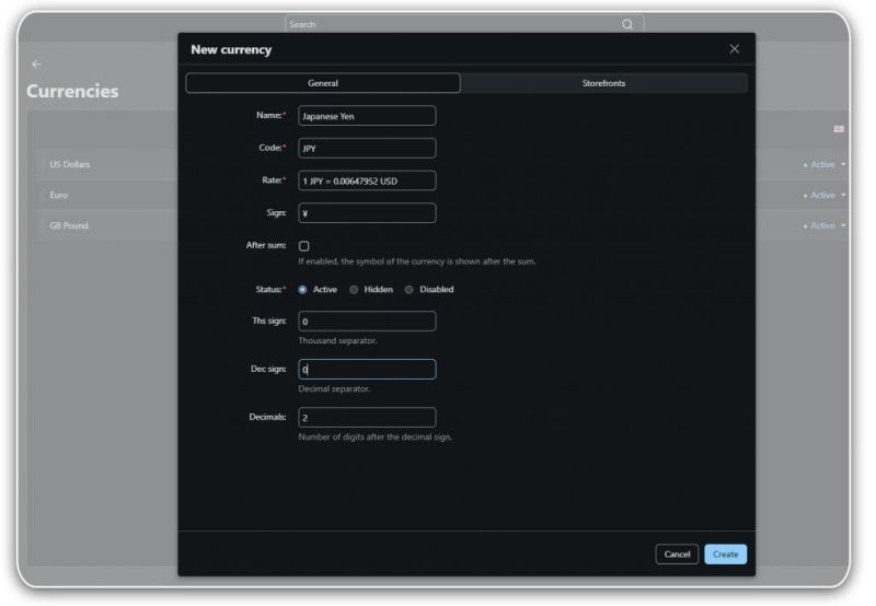 Assign different currencies for every separate storefront in the Admin Panel
