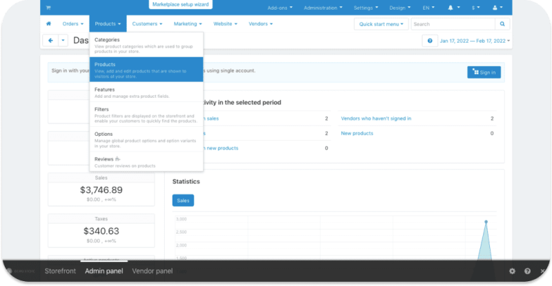 CS-Cart Multi-Vendor admin dashboard